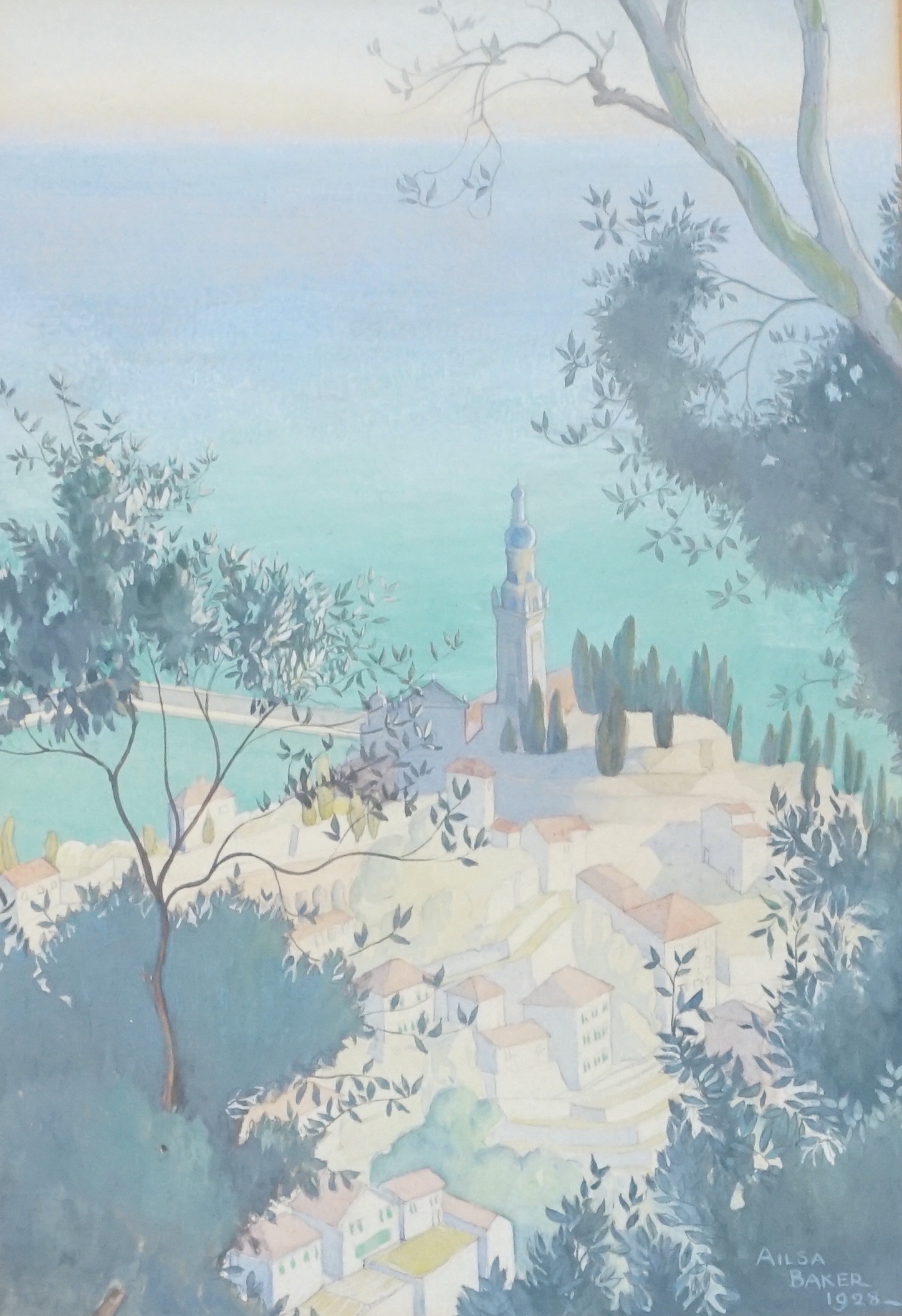 Ailsa Baker, gouache and watercolour, Mediterranean coastal town with church spire, signed and dated 1928, 26 x 18cm